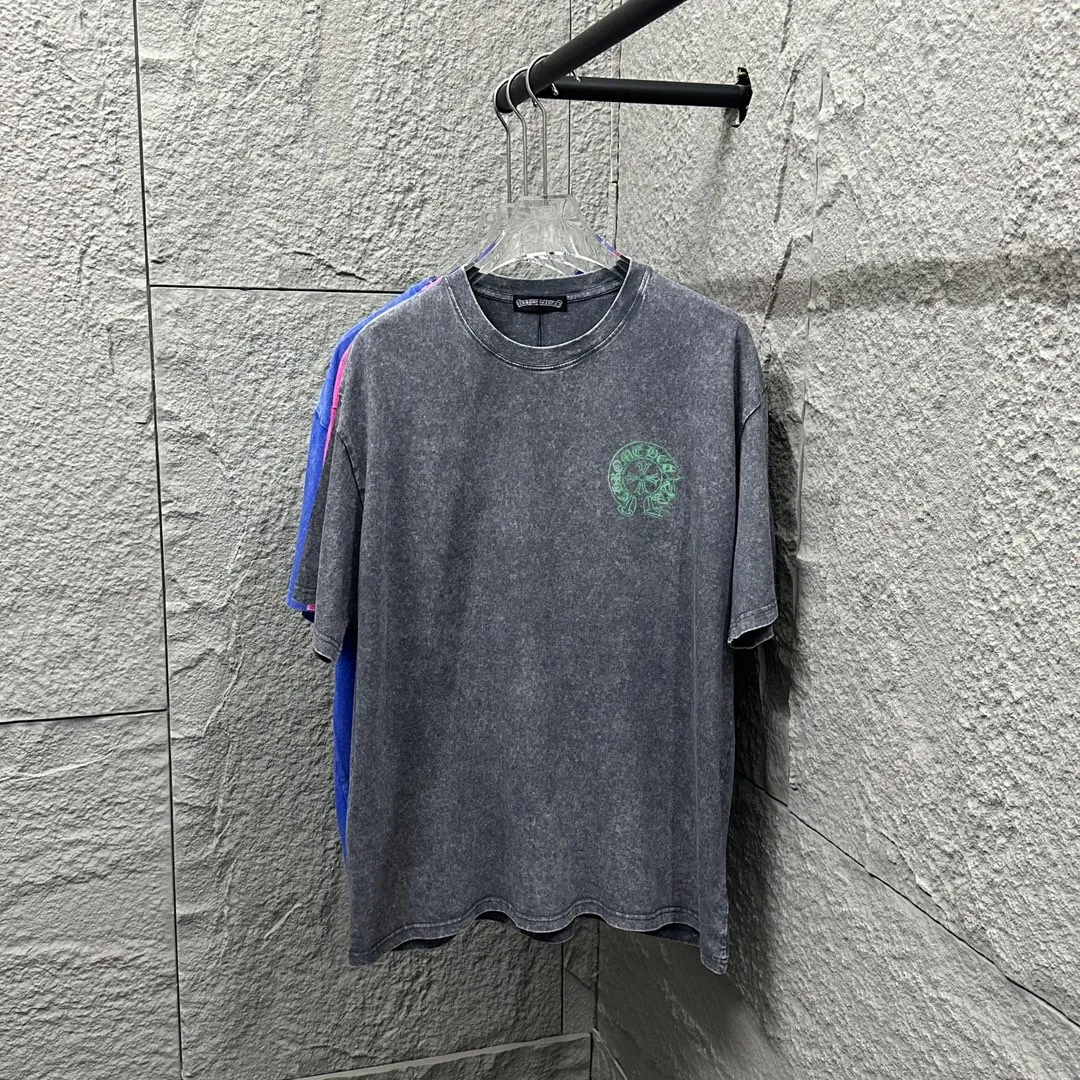 🅿️180 CH* Crow Heart* 2025 spring and summer new style Snowflake distressed washed retro round neck short sleeves Chest and front logo Horseshoe print Customized fabric Short-sleeved T-shirt Unisex Size: S M L XL XXL Color: Snowflake Black Snowflake Gray Snowflake Pink Snowflake Blue
